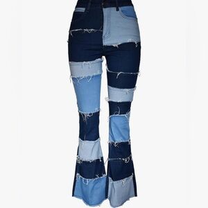 Stretchy Women Frayed Patch Jeans - High Waist Raw Hem Denim Y2k Pants